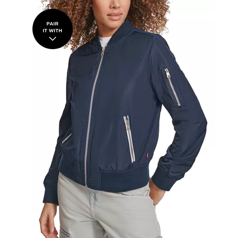 Levis Womens Flight Bomber Jacket Navy Blue Full Zip Utility Pocket 2X